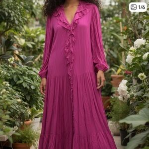 Farm‎ Rio for Anthropologie Magenta Long Sleeve Ruffle Dress